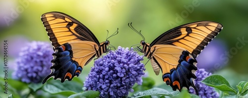 Two Swallowtail Butterflies Flitting Among Vibrant Purple Blooms in a Serene Spring Garden, Capturing the Essence of Nature's Peaceful Harmony