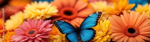 Obraz na płótnie Vibrant Blue Morpho Butterfly Resting on a Bed of Spring Blooms, Capturing the Essence of Nature's Tranquility and Harmony, a Perfect Representation of Spring's Beauty w salonie