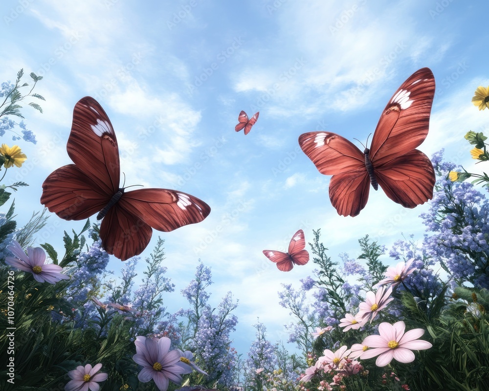 Vibrant Spring Garden with Butterflies A Serene Landscape of Blossoming Flowers and Fluttering Wings, Capturing Nature's Tranquility in Vivid Hues