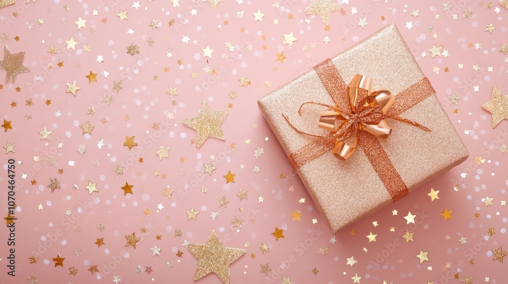 A gold gift box with a gold bow sits on a pink background surrounded by gold stars confetti.