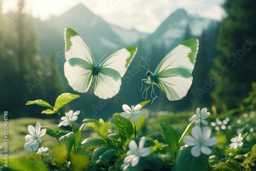 White Butterflies Dancing Among Delicate Spring Flowers in a Lush Mountain Meadow, Basking in the Warmth of the Golden Sunlight, A Symphony of Nature's Beauty and Harmony