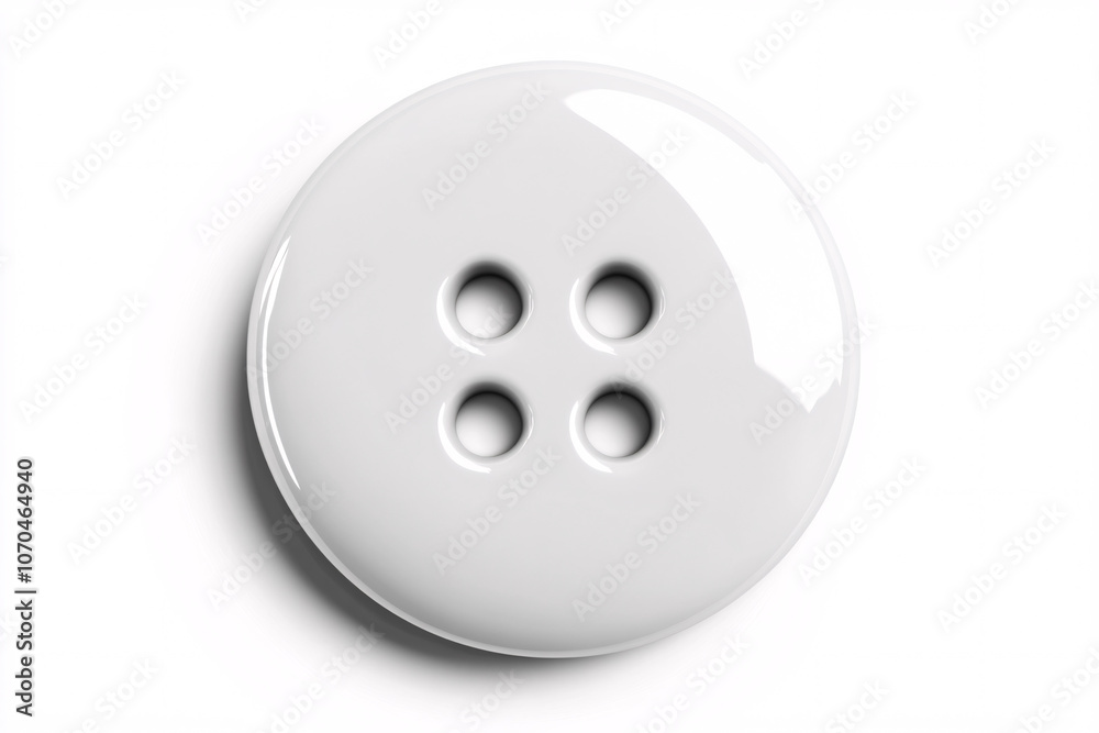A glossy white button with four holes on a white background, exhibiting a clean, minimalist look with subtle reflections and shadows
A glossy white button with four holes on a white background, exhibiting a clean, minimalist look with subtle reflections and shadows