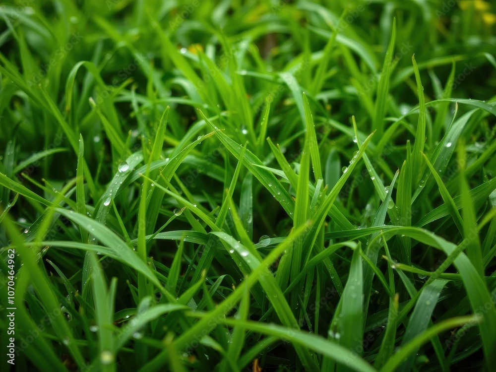 Vibrant, lush green grass in a spring meadow with dew drops, environment, landscape Vibrant, lush green grass in a spring meadow with dew drops, environment, landscape