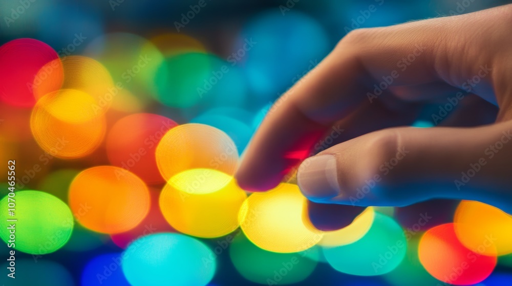 Obraz premium A hand reaching out towards a colorful bokeh background.
