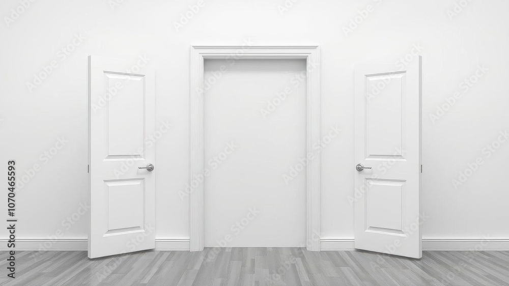 White open and closed doors with doorframe isolated on white background, design, simplicity White open and closed doors with doorframe isolated on white background, design, simplicity