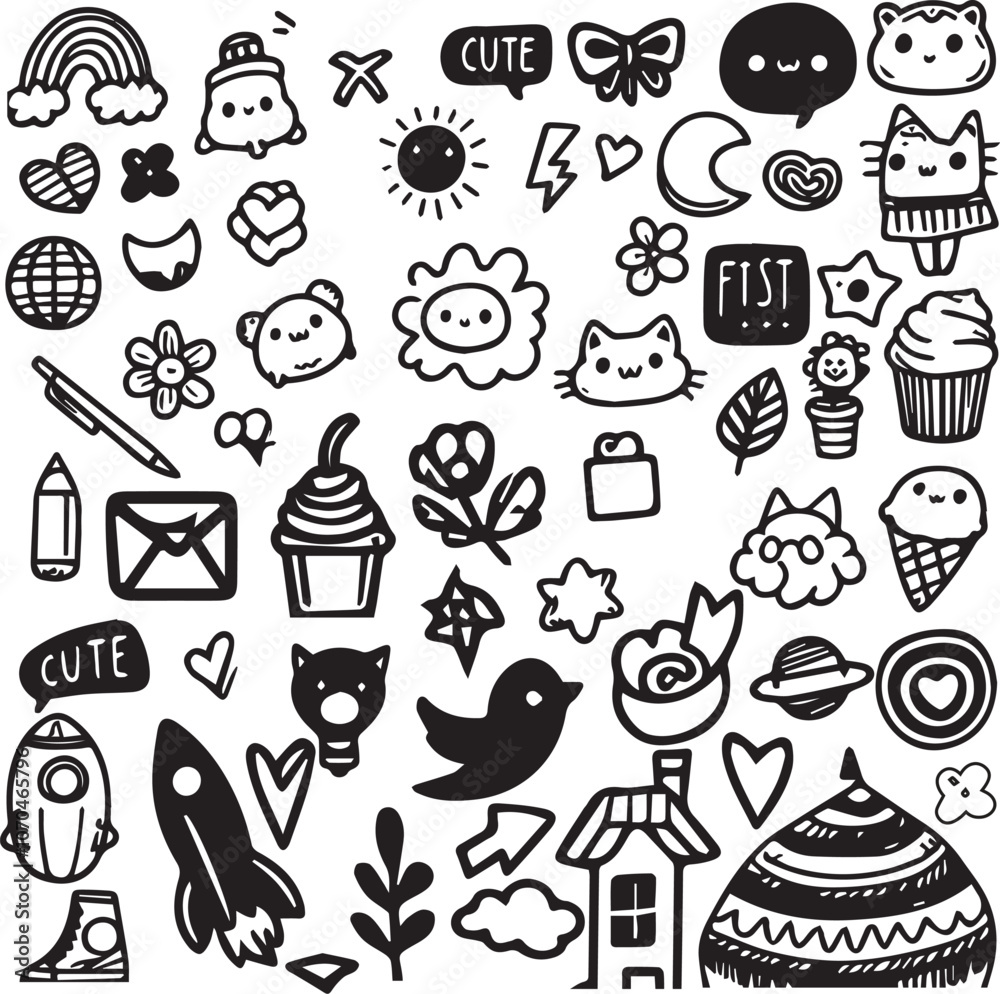Fototapeta premium Hand-drawn line and heading material set - doodles, headings, cute black color vector illustration