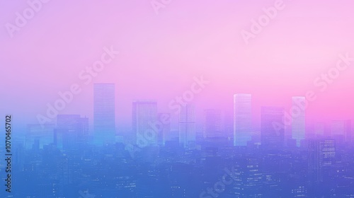 A hazy, colorful cityscape silhouette at dusk, with a vibrant pink and blue sky.