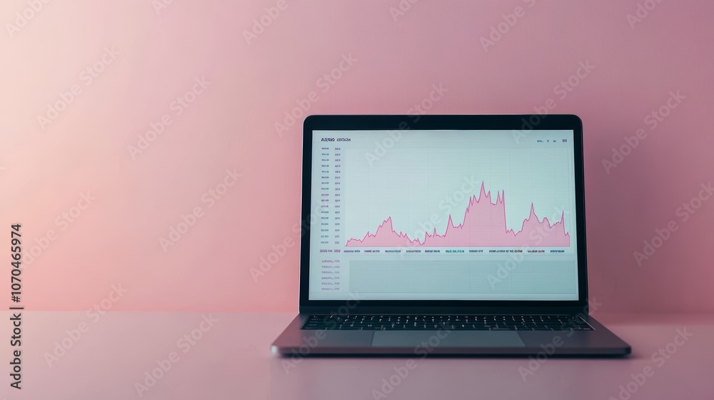 A laptop with a graph on the screen on a pink background. A laptop with a graph on the screen on a pink background.