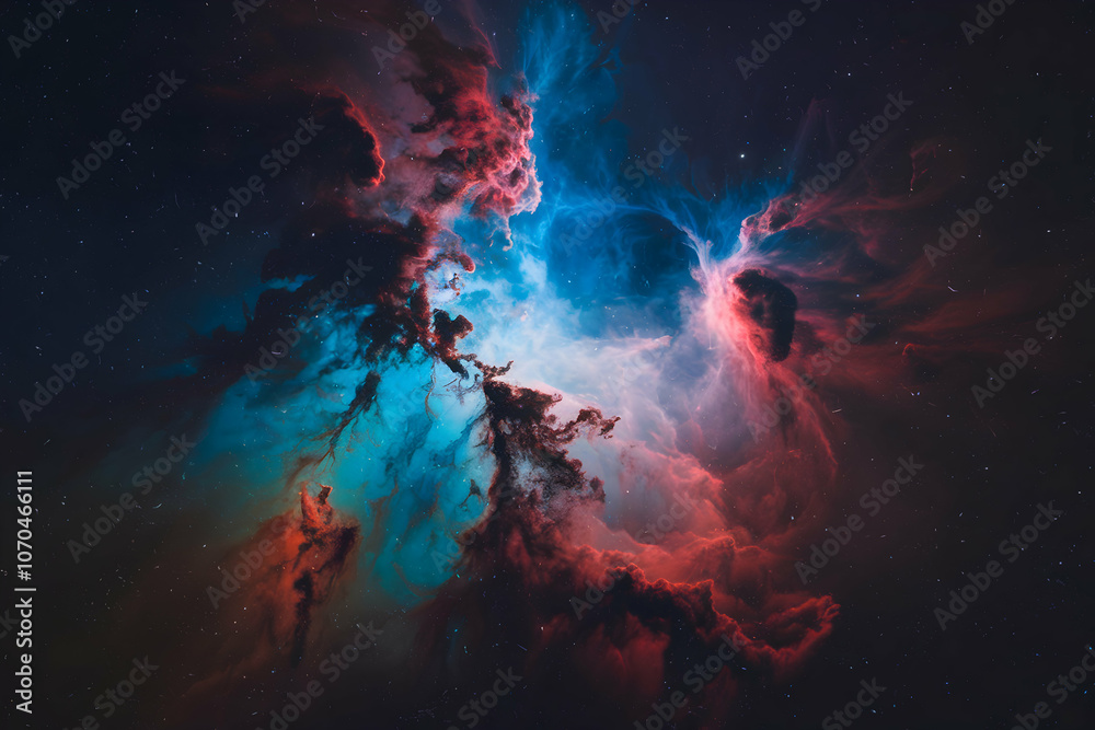 Nebula like swirl of blue red colors, cosmic movement against dark backdrop Nebula like swirl of blue red colors, cosmic movement against dark backdrop