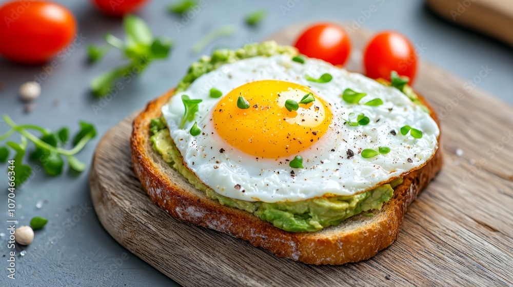 Crushed avocado toast topped with boiled eggs, cherry tomatoes, and mini vegetables, paired with handmade bread, placed on a wooden tabletop. Showcased this nutritious and healthy brunch idea. Crushed avocado toast topped with boiled eggs, cherry tomatoes, and mini vegetables, paired with handmade bread, placed on a wooden tabletop. Showcased this nutritious and healthy brunch idea.