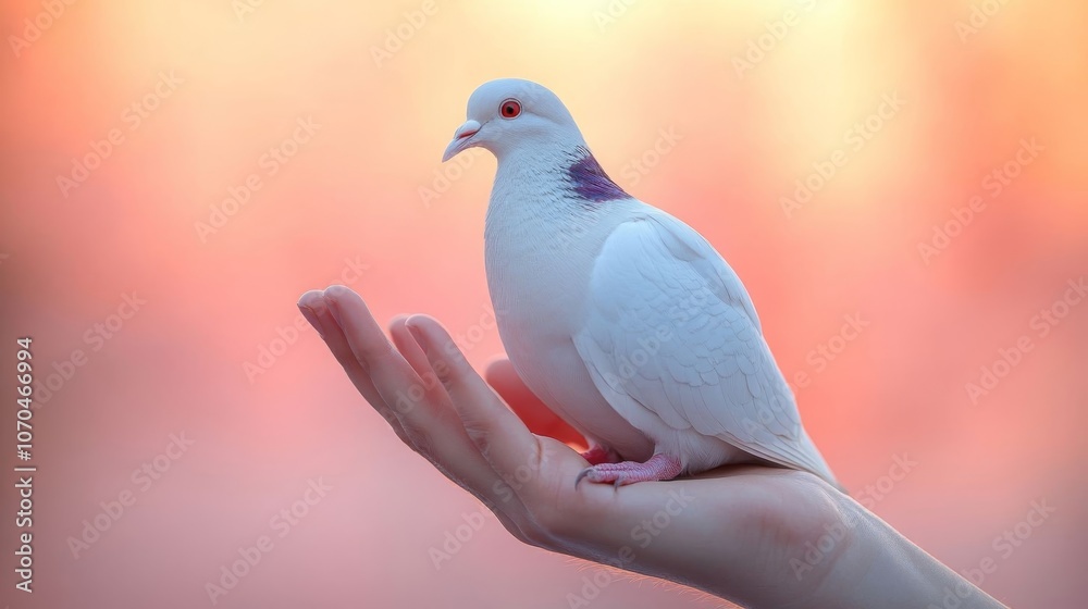 A serene white dove rests gently on a hand. A serene white dove rests gently on a hand.