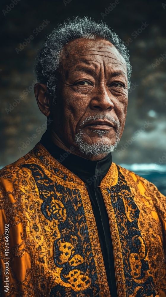 Naklejka premium Portrait of a Tuvaluan leader in cultural attire.