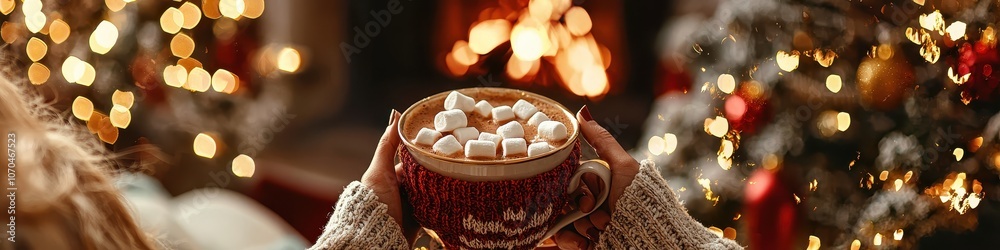 girl holding a cup of cocoa with marshmallows on a fireplace background. Selective focus girl holding a cup of cocoa with marshmallows on a fireplace background. Selective focus