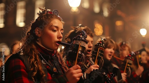 Scottish Hogmanay Festival. The iconic Scottish song Auld Lang Syne is sung in unison as the clock strikes midnight, marking the end of one year and the beginning of a new one. photo