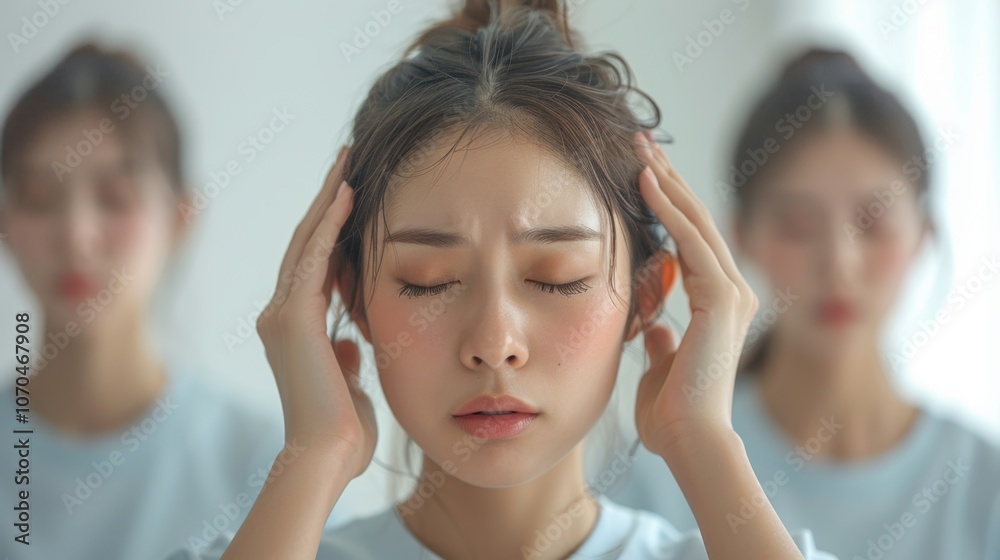 Mental Problem. Anxiety disorder. A woman with multiple faces is holding her head in pain against a white background. The faces of two additional people to her left and right are blurred. Mental Problem. Anxiety disorder. A woman with multiple faces is holding her head in pain against a white background. The faces of two additional people to her left and right are blurred.