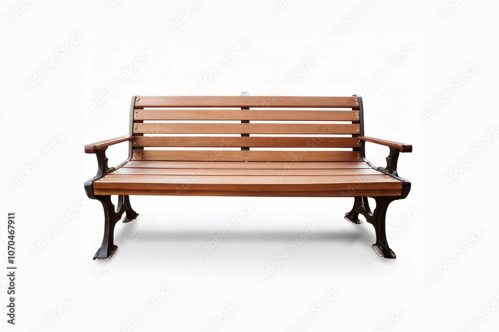 Brown wooden bench with a decorative ornate metal legs and armrests, isolated on a white background Brown wooden bench with a decorative ornate metal legs and armrests, isolated on a white background
