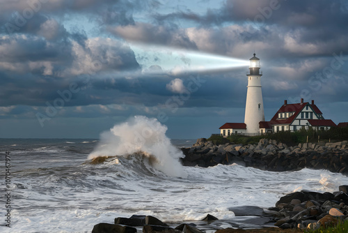 Lighthouse standing tall amidst storm, waves crashing below