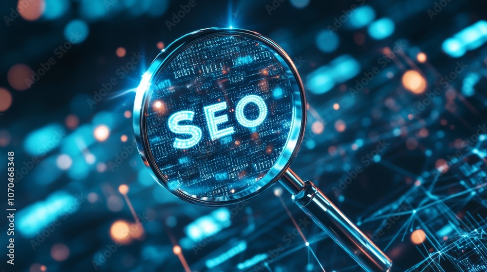 A magnifying glass with the word SEO in the center. The background is a blue and purple network of lines and dots. A magnifying glass with the word SEO in the center. The background is a blue and purple network of lines and dots.