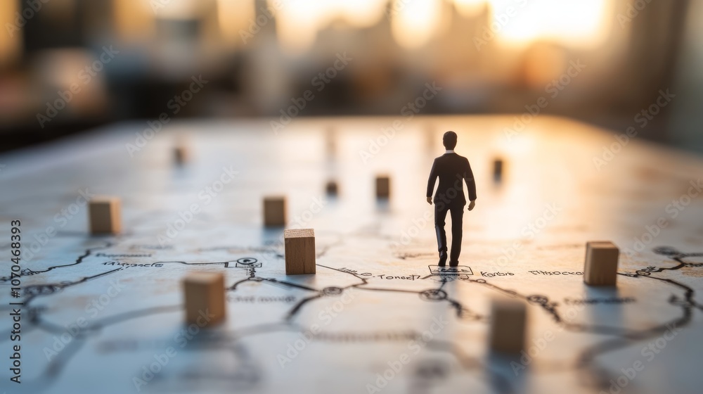 A miniature businessman stands on a map, looking ahead towards the future, with wooden markers showing his journey. A miniature businessman stands on a map, looking ahead towards the future, with wooden markers showing his journey.
