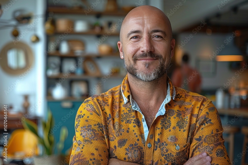 Obraz premium Confident man smiling in cozy home, wearing bright shirt with folded arms