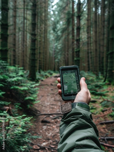 Hiker navigating dense forest trail with GPS in hand during adventure