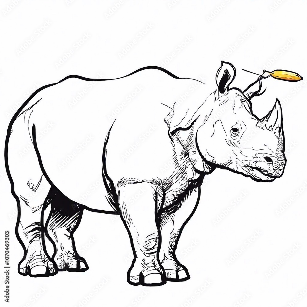 Fototapeta premium a simple drawing of a rhino with a banana instead of a horn.