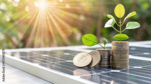 Renewable energy investment: bitcoins and growing plants on solar panels photo