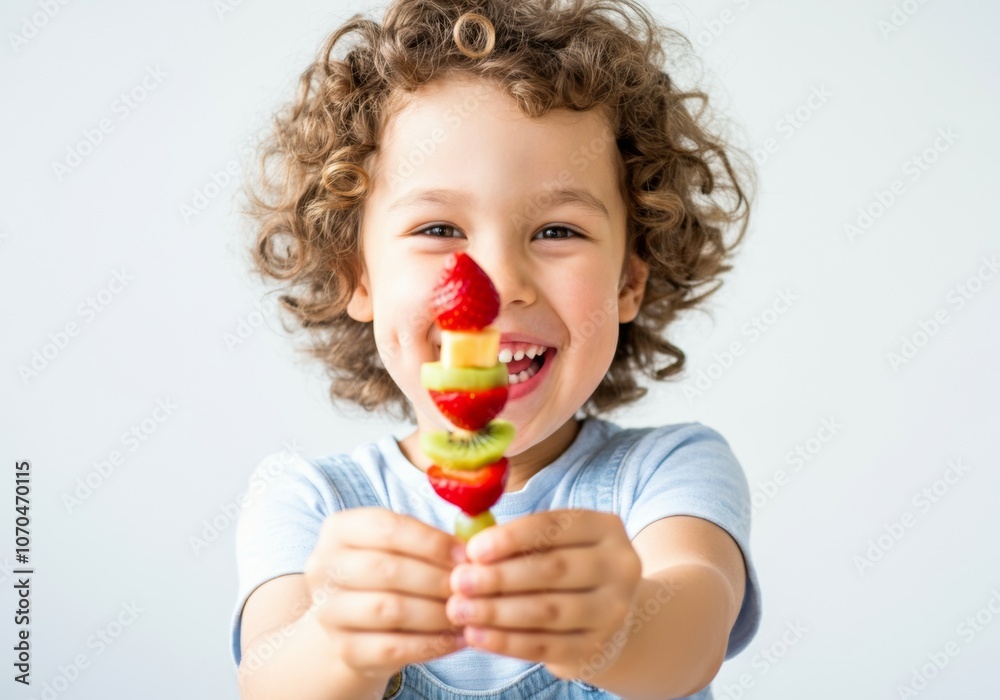Joyful child holding fruit skewer with strawberries and kiwi on a bright day. Joyful child holding fruit skewer with strawberries and kiwi on a bright day.