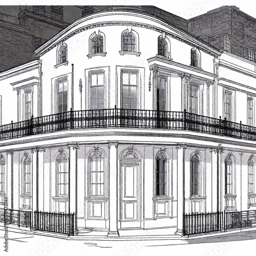 Black and white illustration of a french quarter style mansion at night