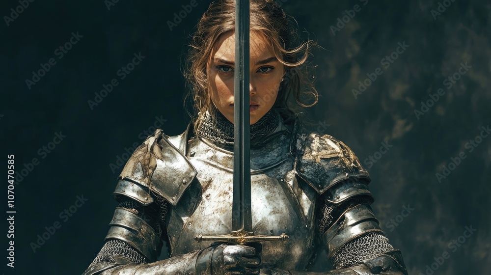 A female knight in metal armor stands confidently, gripping her sword with determination. This image of a female knight captures strength and bravery, with ample copy space.