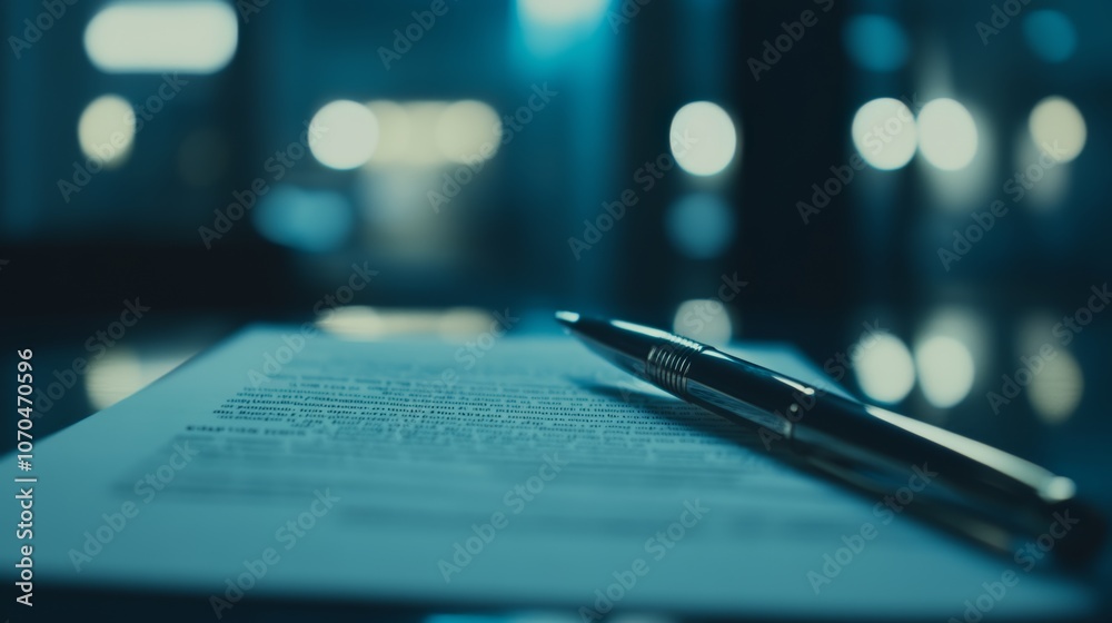 A pen lays on a document with blurred city lights in the background. A pen lays on a document with blurred city lights in the background.