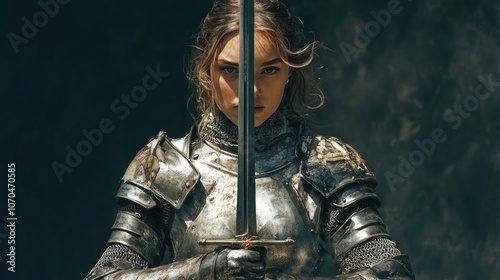 Obraz na płótnie A female knight in metal armor stands confidently, gripping her sword with determination. This image of a female knight captures strength and bravery, with ample copy space. w salonie