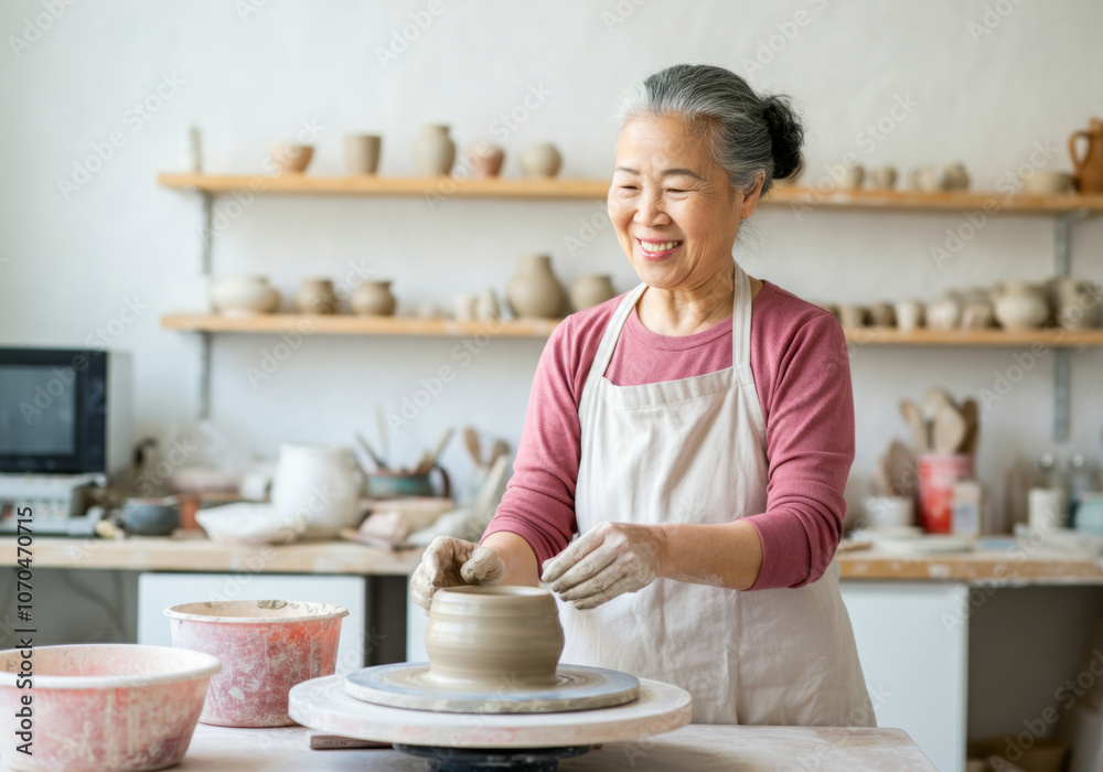 Elderly Asian artisan crafting pottery in a studio with shelves of clay creations Elderly Asian artisan crafting pottery in a studio with shelves of clay creations