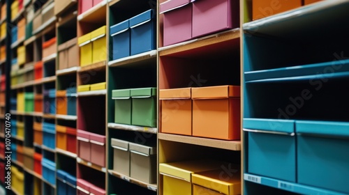 Warehouse shelves filled with colorful boxes, neatly organized and ready for fast retrieval and shipping photo