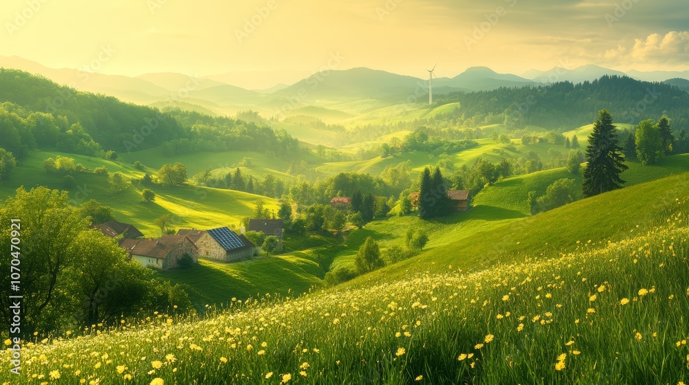 Fototapeta premium A picturesque village nestled in a rolling green valley, bathed in the golden light of sunrise, with a wind turbine silhouetted against the distant hills.