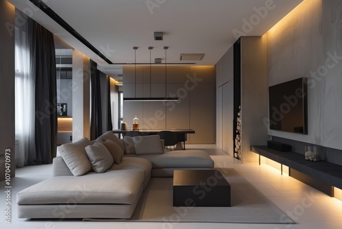 Sleek Minimalist Apartment Interior with Modern Wall-Mounted Pellet Heater Design