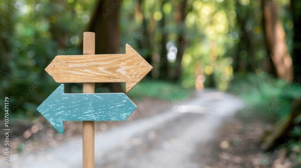 Wooden signpost with arrows on a forest path: direction and choice in nature Wooden signpost with arrows on a forest path: direction and choice in nature