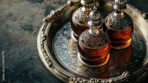 A set of ornate oud bottles on a silver tray. Copy space