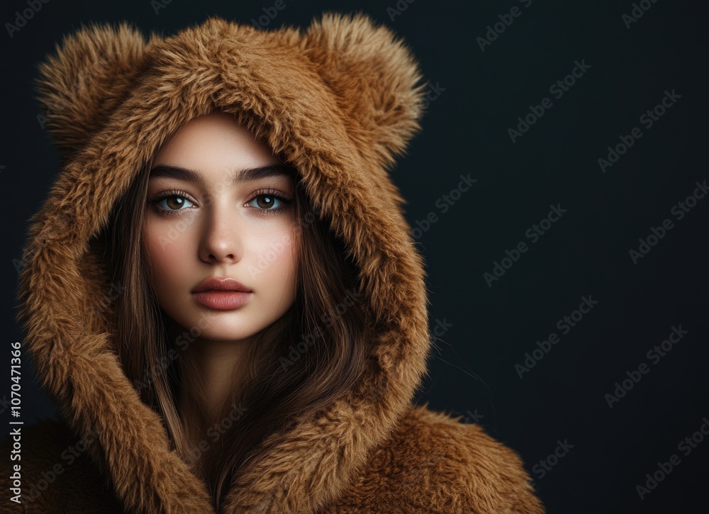 Beautiful woman in a brown fur coat with a hood, posing against a dark background. Beautiful woman in a brown fur coat with a hood, posing against a dark background.