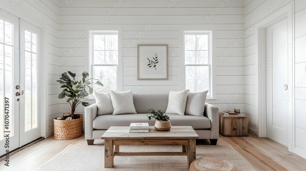 Fototapeta premium Cozy Minimalist Farmhouse Living Room with White Shiplap Walls, Gray Sofa, Natural Wood Coffee Table, and Soft Lighting for a Welcoming, Rustic Atmosphere