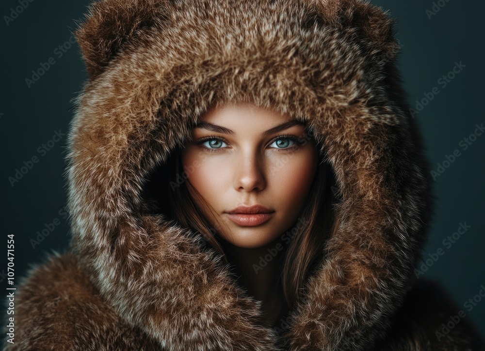 Beautiful woman in a brown fur coat with a hood, posing against a dark background. Beautiful woman in a brown fur coat with a hood, posing against a dark background.