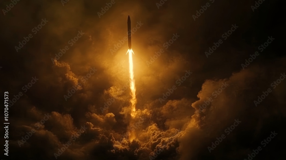 Obraz premium A powerful rocket launches into the sky through a cloud of smoke and fire, representing the potential for progress and exploration.