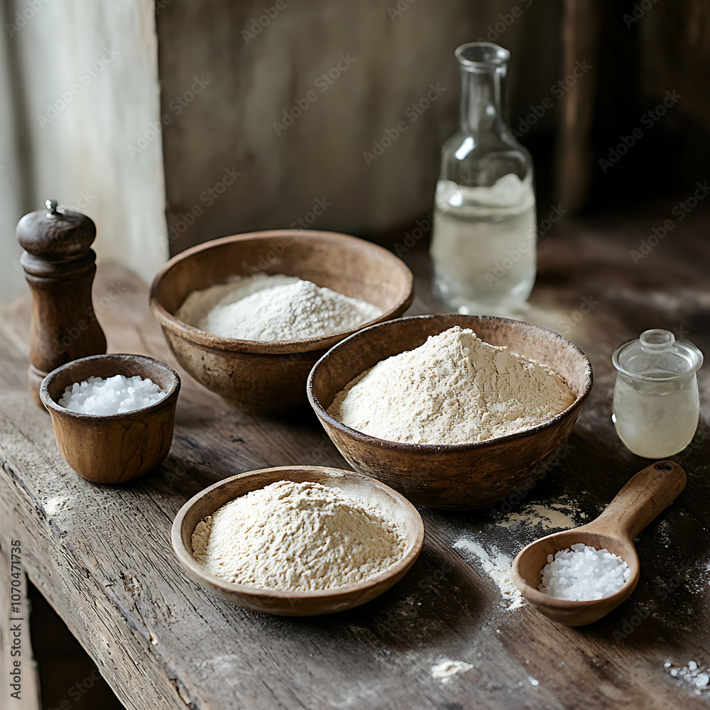 Rustic kitchen counter with wooden bowls filled with flour and salt, showcasing key ingredients for cooking and baking. serene and inviting atmosphere Rustic kitchen counter with wooden bowls filled with flour and salt, showcasing key ingredients for cooking and baking. serene and inviting atmosphere