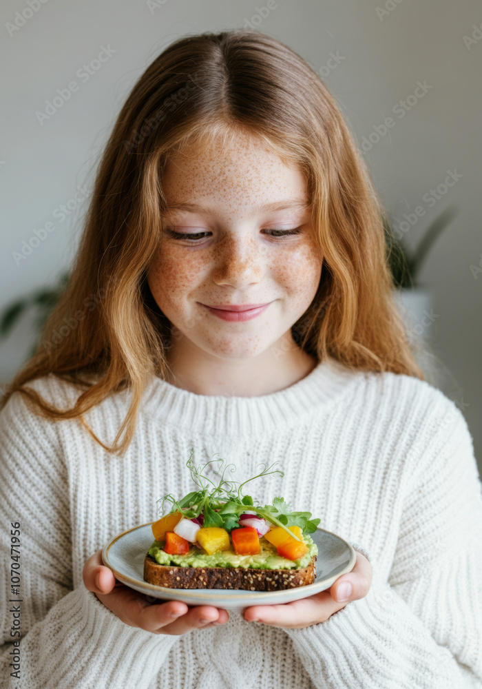 Smiling girl holding colorful avocado toast with fresh vegetables and microgreens. Smiling girl holding colorful avocado toast with fresh vegetables and microgreens.