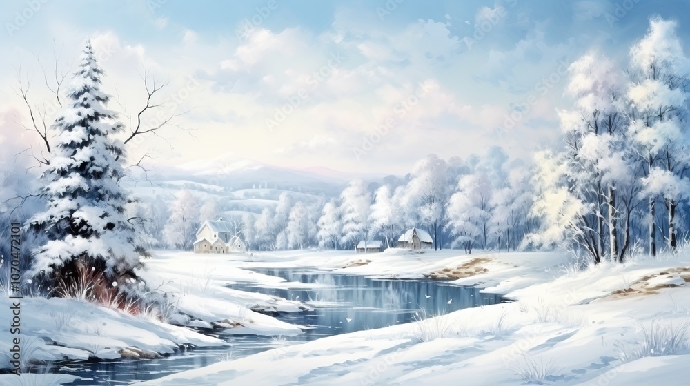 Fototapeta premium A serene winter landscape featuring snow-covered trees, a frozen river, and a soft, cloudy sky, evoking a peaceful, tranquil atmosphere.