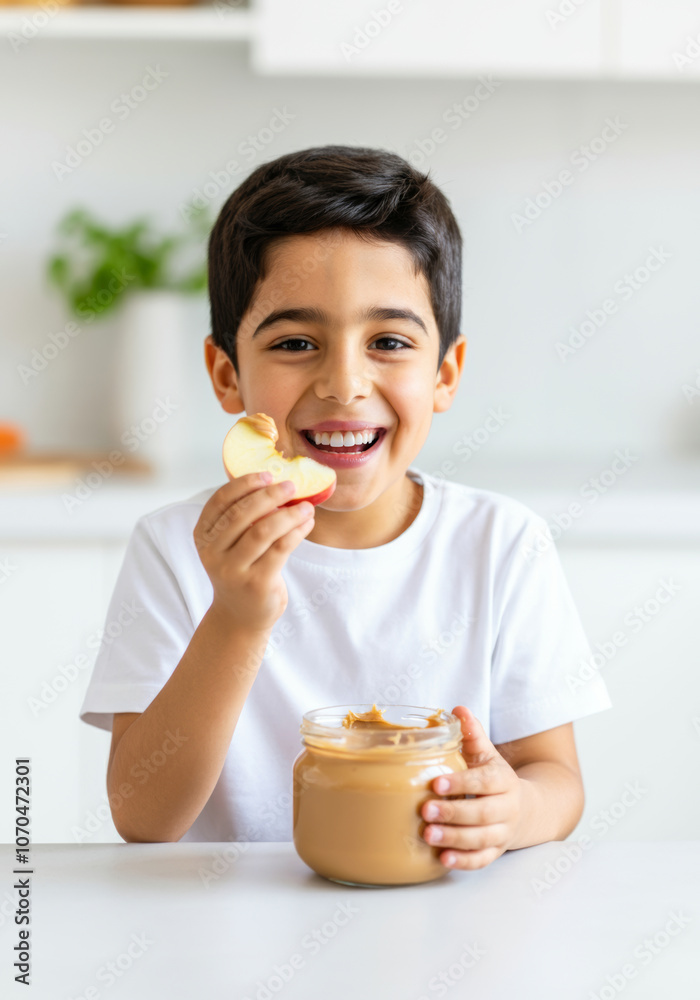 Cheerful Middle Eastern child enjoying a healthy snack with peanut butter and apple slices at home. Cheerful Middle Eastern child enjoying a healthy snack with peanut butter and apple slices at home.