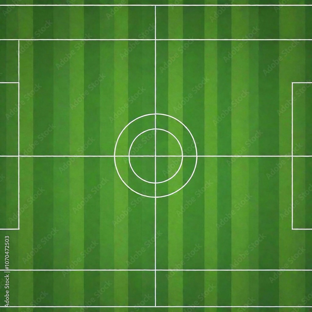 A high-resolution digital artwork depicting a top-down view of a pristine soccer field. The grass is vibrantly green, evenly cut in alternating light and dark stripes,indicating meticulous maintenance A high-resolution digital artwork depicting a top-down view of a pristine soccer field. The grass is vibrantly green, evenly cut in alternating light and dark stripes,indicating meticulous maintenance