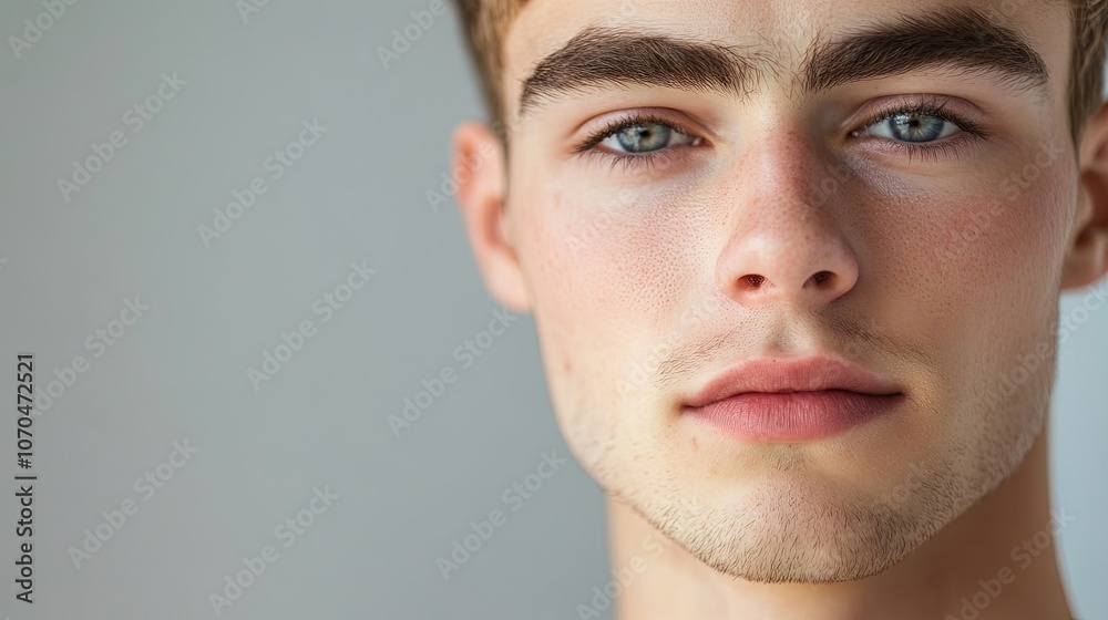 Naklejka premium Cute young man with natural makeup captured in a portrait with a focus on his fresh, natural makeup look; includes ample copy space for text or graphics.