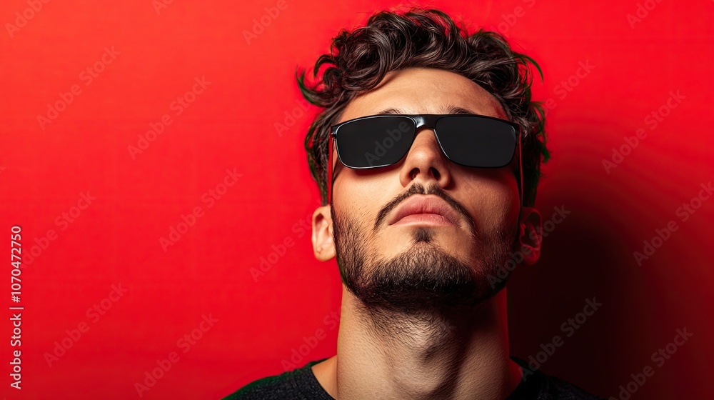 Portrait of a handsome man with his eyes covered, captured against a vibrant red background, creating a striking visual with bold colors and ample copy space. Portrait of a handsome man with his eyes covered, captured against a vibrant red background, creating a striking visual with bold colors and ample copy space.