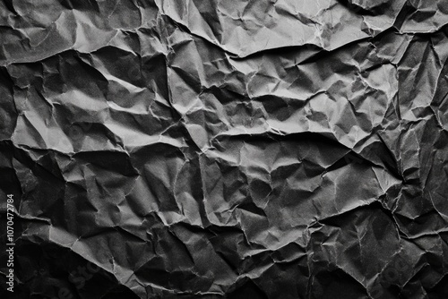 Black e crumpled paper texture background, top view.